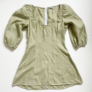 Reformation Maxine 100% Linen Sage Green Puff Sleeve A-Line Mini Dress
